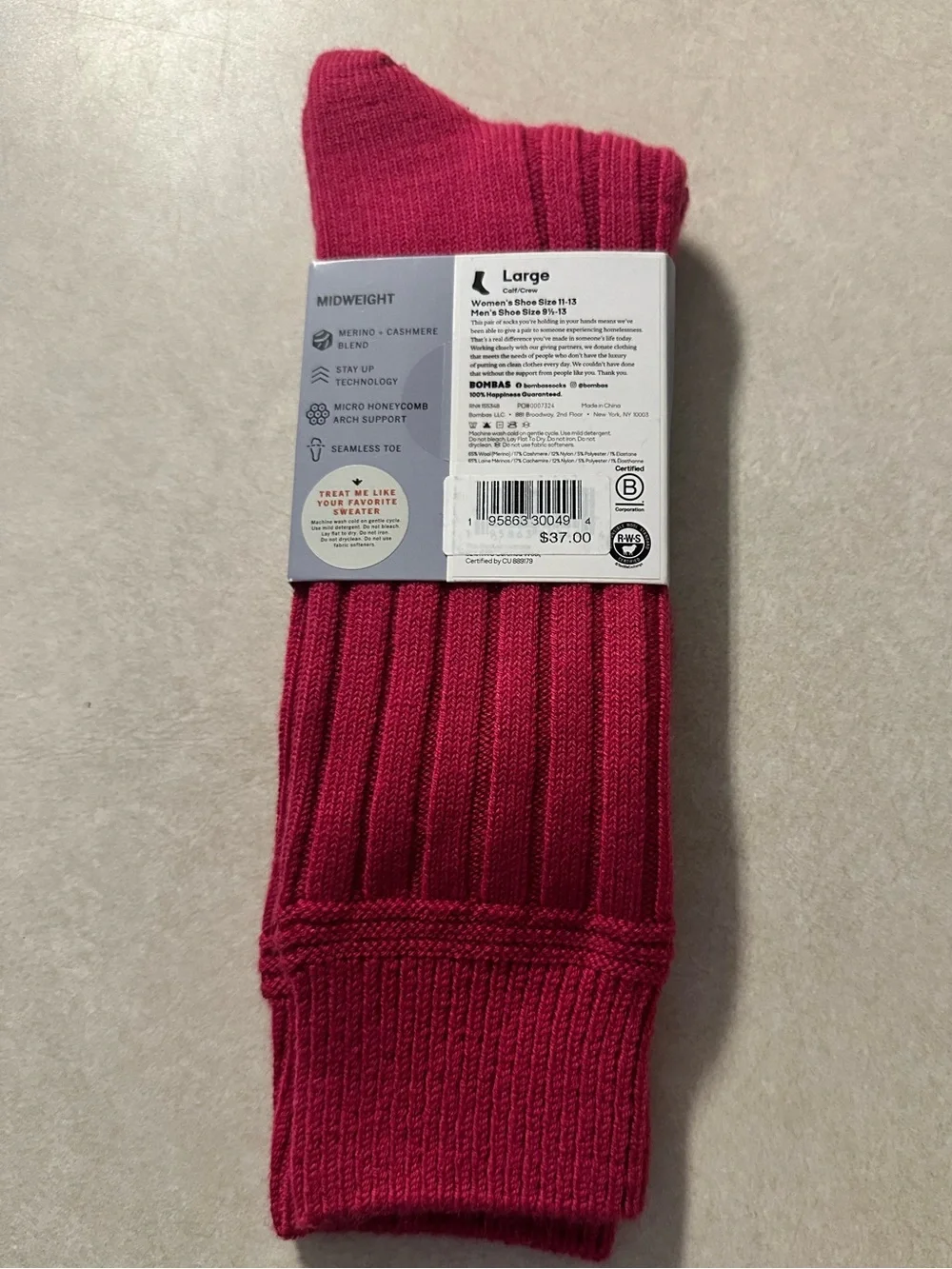 BOMBAS Cashmere Blend Rib Calf Socks NWT Pink 1 Pair